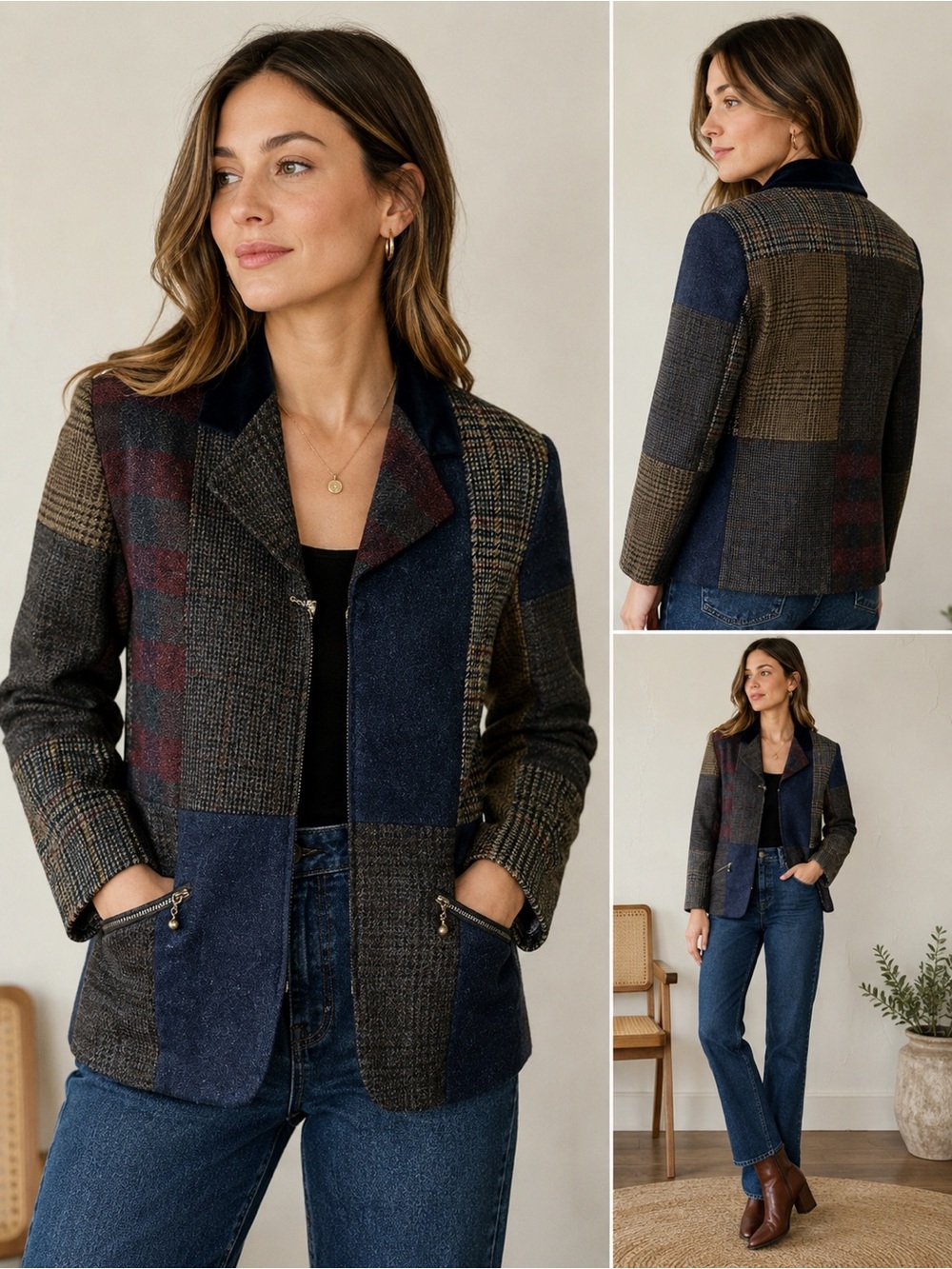 Vintage Charles Klein Patchwork Wool Jacket Greece Plaid Tweed Zip Blazer 6 EUC